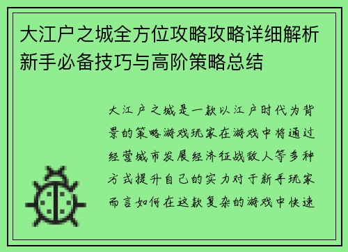 大江户之城全方位攻略攻略详细解析新手必备技巧与高阶策略总结
